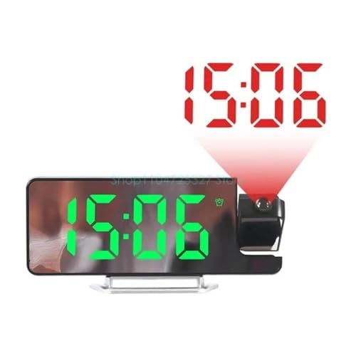 180°回転投影目覚まし時計、時間温度表示付きデジタル目覚まし時計、スヌーズ機能付きテーブルクロック、12/24時間USBプロジェクター(Green light)