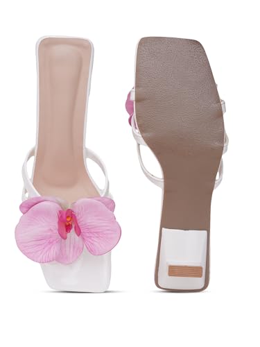 Image of TRYME Floral Embellished Slip-On Kitten Heel Sandals for Women & Girls|Comfortable Light Weight Open Toe Sandals