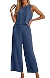 IWOLLENCE Women's Summer 2 Piece Outfits Set Round neck Sleeveless Tank Crop Top Wide Leg pants Set Pockets Jumpsuits Dark Blue Medium