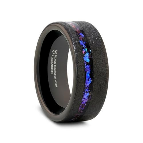 Thorsten Mens Sandblasted Black Tungsten Crushed Alexandrite and Dark Blue & Purple Crushed Goldstone Wedding Ring - 8mm Wide - Style Name: Mirage