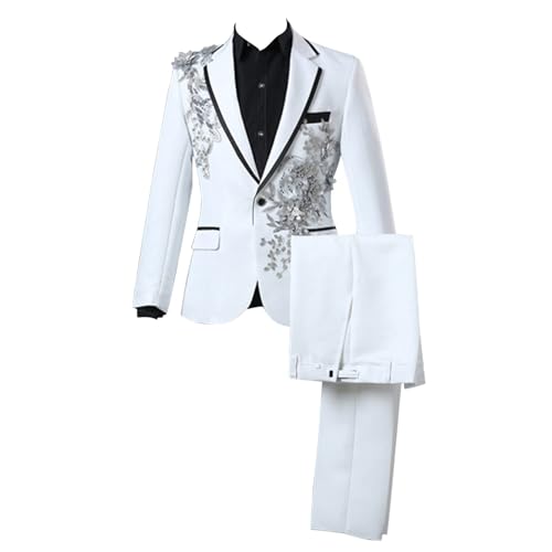 Mens 2 Pieces Luxury Embroidered Suits 1 Button Print Dinner Tuxedo Jacket Prom Wedding Elegant Blazer Dress Suit (Small,White)