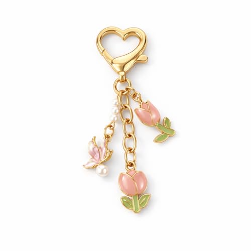 Porte-Clés de Fleur – Porte-Clef Tulipe de Sac pour Femmes avec Perle, Charme Papillon et Attache Cœur Dorée, Cadeaux de Porte-Clé Mignon pour les Amoureux des Tulipes, Amis, Filles