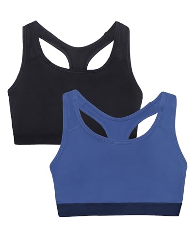 Fruit of The Loom Women's Medium Impact Sports Bras, Ideal for Yoga, Cycling, Walking and Lounging, Non-Padded Design, Supports Without Padding 2 Pack Dutch Blue W/Navy/Black Hue XXL