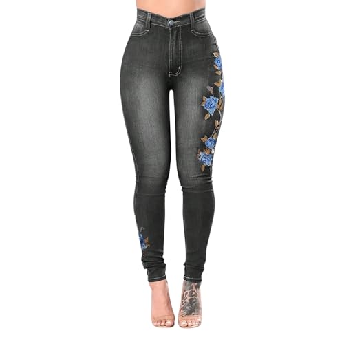Skinny Jeans for Women Floral Embroidered high Rise Fashion Bottoms Urban Style snug fit Streetwear Pants (US, Alpha, X-Large, Regular, Regular, Gray)