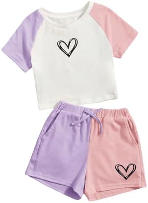 SOLY HUX Girl’s Colorblock Heart Print Raglan Short Sleeve T Shirt and Shorts 2 Piece Summer Outfit