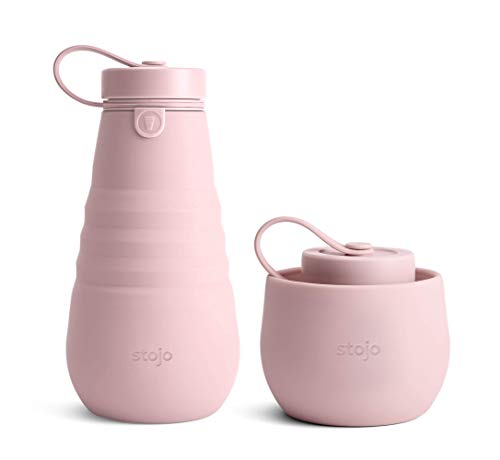 STOJO zusammenfaltbare Flasche | Wiederverwendbare und auslaufsichere Silikon-Reisewasserflasche | Zusammenklappbare Reiseflasche | 590 ml Nelken-Rosa Cover