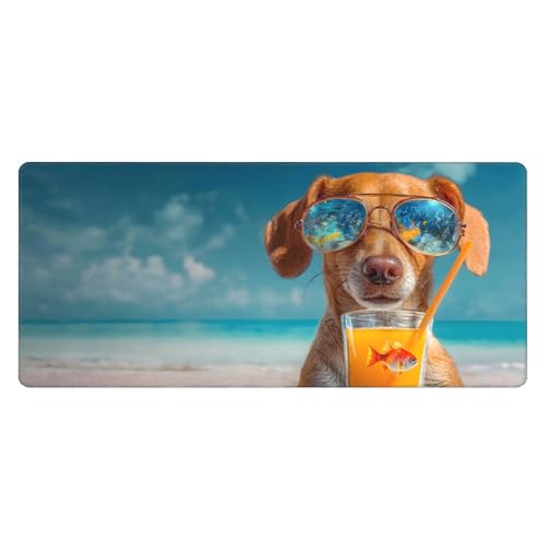 Image of Summer Beach Dogs Extended Gaming Mouse Pad, with Stitched Edges Large Mouse Pad Desk Protector, Rubber Base Mousepad Keyboard Mouses Mat for Work Game Office Home- 32 inch X 12 inch Inch,E80