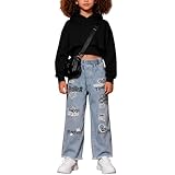 Voxikidio Size 9 10 Years Girls 3PCS Fashion Outfits Set Cropped Hoodie Sweatshirt Cami Top Printed Jeans Fall Winter Clothing Set Black(9-10
