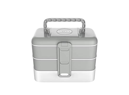 Max K Bento Box with Stainless Steel Cutlery and Carrying Handles Lunchbox for Adults Kids and Children Hot or Cold Food Storage 3 Trays Cool Grey