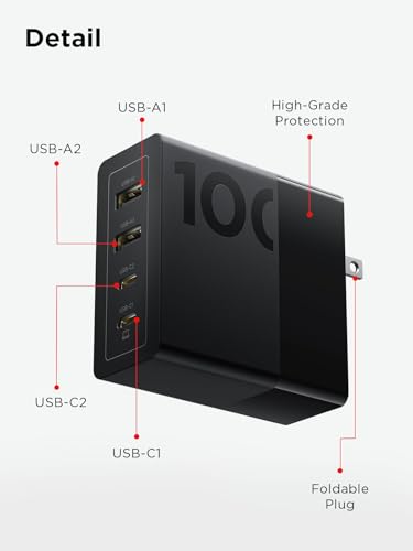Image of Lenovo 100W USB C Charger, 4-Port Multi-Device Fast Charging, Black GaN Power Block with 240W Cable, for Thinkpad, MacBook, Dell XPS, iPhone, Samsung