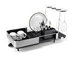 Joseph Joseph Extend Steel Plus Extendable Dish Rack Steel, Small to Large Dish Drainer with Wine Glass Holder & Drain Spout, Black