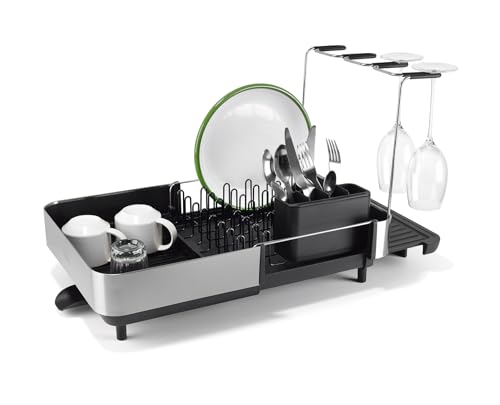 Image of Joseph Joseph Extend Steel Plus Extendable Dish Rack Steel, Small to Large Dish Drainer with Wine Glass Holder & Drain Spout, Black