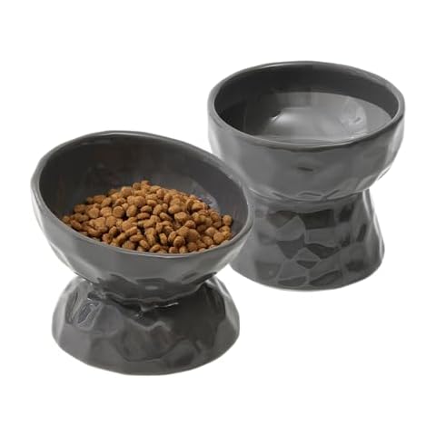 Havniva Ceramic Raised Tilted Cat Bowl, Elevated Food and Water Bowl,Kitty Bowl,Cat Dish, Pet Feeder (Dark Grey, Raised x 1 + Tilted x 1) Cover