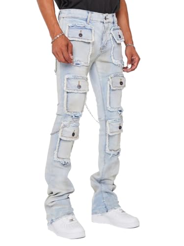 Mens Skinny Jeans Straight Leg Streetwear Multi Pockets Frayed Cargo Stacked Jeans