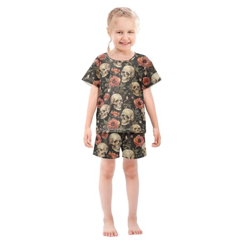 ALAZA Retro Skull Flowers Pajama Set Short Sleeve Sleepwear Soft Lounge Nightwear3