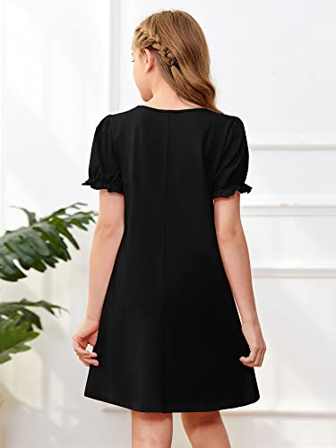 Carryvicty Girls Casual Summer Dresses Puff Short Sleeve Crew Neck Basic Holiday Midi Tee Shirt Dress 5-14 Years Kids Black #TOP2