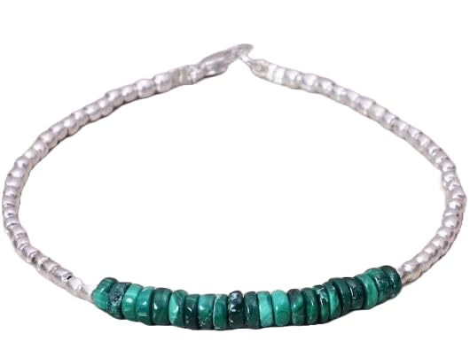 Bracelet malachite véritable 4mm argent fin minimaliste layering 7inch