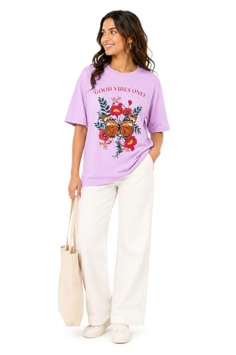 Image of Amazon Brand - Anarva Women Oversized Graphic Printed T Shirt 100% Cotton Drop Shoulder Loose Fit Baggy Casual Tshirt for Girls