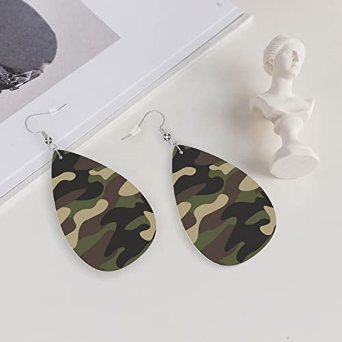 Camo Faux Leather Earrings For Women Dangle Lightweight Green Brown Camouflage Teardrop Earrings #TOP3