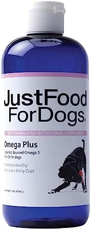 JustFoodForDogs Omega Plus Fish Oil for Dogs, Supports Healthy Joints, Skin & Coat, Aging - Omega 3 Liquid Supplement for Pets - 16 oz