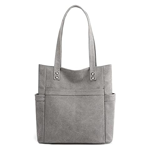 Oichy Tote Bag for Women Casual Multi Pockets Handbag Lightweight Canvas Shoulder Bag (Grey) Cover