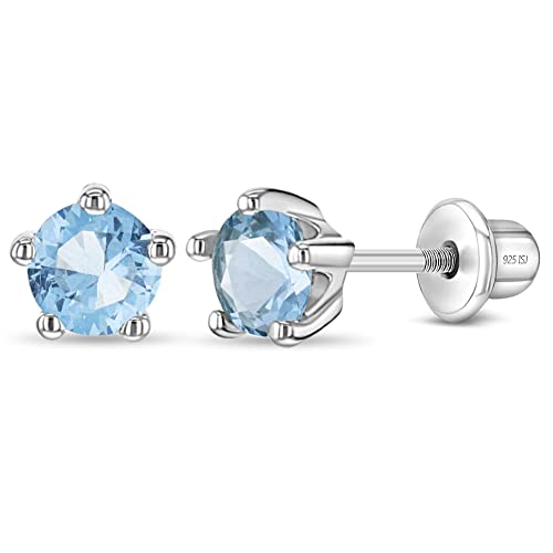 925 Sterling Silver Classic 4Mm Simulated Aquamarine Birthstone Prong Set Screw Back Earrings For Girls - Stud Earrings With Premium Screw Backs - Aqua Blue Cz Earrings For Girls Born In March #TOP9