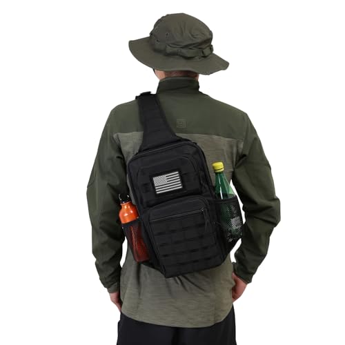 Image of Rover Sling Pack Tactical Shoulder Sling Bag Backpack with Bottle Holder Crossbody Chest Bag, Black with Grey Patch