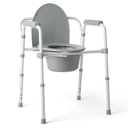 Medline Folding Steel Bedside Commode, Standard Seat, 350 lb Capacity | 3-in-1 Powder Coated Toilet Commode With 7 Qt. Bucket, Clip-on Seat, Easy Cleaning, Tool-Free Assembly, Height Adjustable