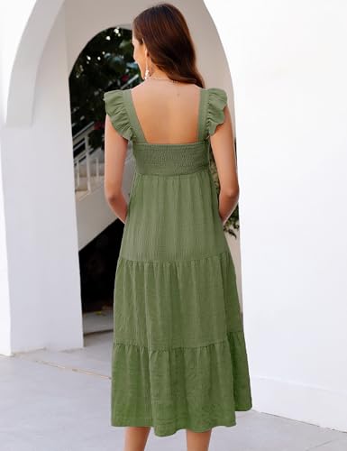 Image of KOJOOIN Womens Maternity Dress Summer Sleeveless Smocked Square Neck Ruffle Casual Boho Midi Dress Baby Shower Photoshoot