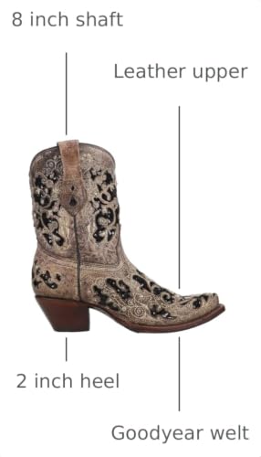 Image of CORRAL Women's Snip Toe Wedding Embroidered Glitter Inlay and Crystals Handcrafted Pull-On Leather Over-the-Ankle Cowboy /Cowgirl Boots