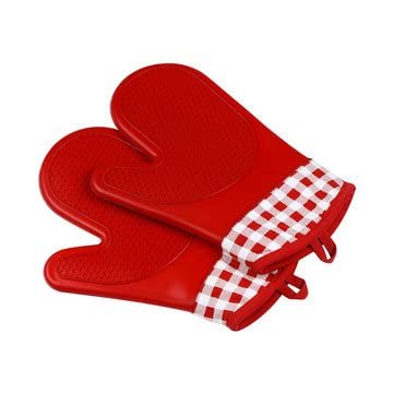 Ubersweet Imported 1Pcs Silicone Cotton Oven Mitts Microwave Oven BBQ Gloves-Red