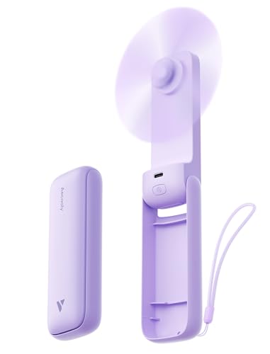 Aecooly Slim Handheld Fan, USB Rechargeable, 24H Battery Life, 3-Speed, Foldable Pocket Fan for Travel, Desktop, Beige (Purple, 1 Pack without Mirror)