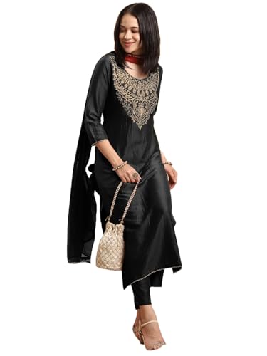 Image of GoSriKi Women's Rayon Viscose Embroidered Straight Kurta with Pant & Dupatta