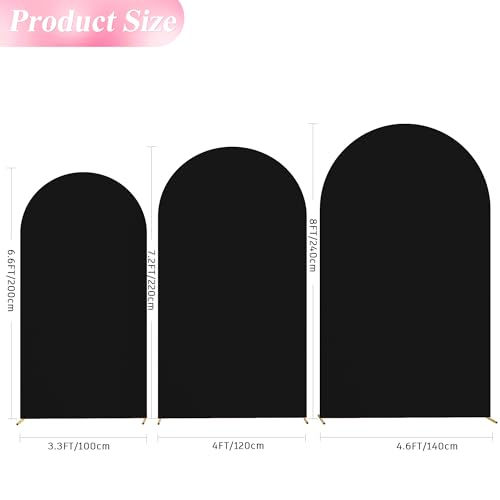 Image of Wokceer Wedding Arch Cover (8FT, 7.2FT, 6.6FT) Set of 3 Spandex Fitted Wedding Arch Stand Covers Round Top Chiara Arch Backdrop Stands Cover for Birthday Party Ceremony Banquet Decor Black