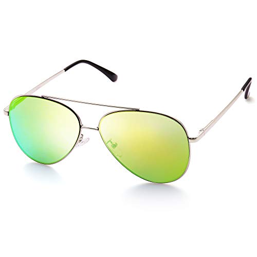 LotFancy Aviator Sunglasses for Women, Flat Lens Sunglasses with Case, UV400 Protection, 58MM, Eyewear for Driving Fishing Sports, Non Polarized, Yellow/Green Mirrored Lens, Silver Metal Frame