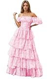 QDPLTR Tiered Pink Floral Prom Dress 2026 Off Shoulder Chiffon Princess Ball Gown Puff Sleeve Formal Evening Dresses