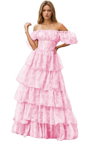 QDPLTR Tiered Pink Floral Prom Dress 2026 Off Shoulder Chiffon Princess Ball Gown Puff Sleeve Formal Evening Dresses