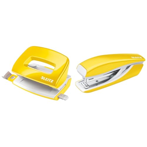 Leitz Mini-Locher + Mini-Heftgerät, für 10 Blatt, Anschlagschiene mit Formatangaben, Tacker mit 1000 Heftklammern, Ergonomisches Design, Gelb, WOW-Serie, 50601016 + 55281016