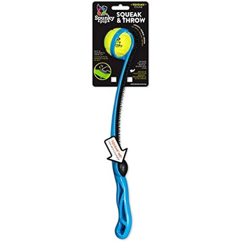 Spunky Pup Squeak & Throw Ball Thrower, Throws Balls Up To 100 Ft, Built in Squeaker, Perfect for Energetic Dogs, Includes Tennis Ball Cover