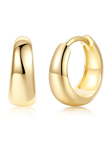 Silvora 14K Gold Plated Small Hoop Earrings for Women Chunky Huggie Hoops with 925 Sterling Silver Post Lightweight Gold Earrings 10mm