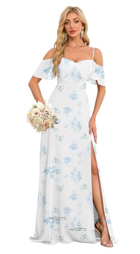 Image of Floral Bridesmaid Dress with Slit Flowy Chiffon Off The Shoulder Formal Evening Dress US4 Blue Vintage Floral HGR93