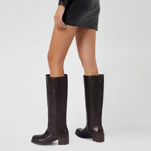 Image of Gothictor Women's Banana Knee High Boots Square Toe Chunky Block Heel Comfortable Low Heel Pull on Wide Calf Riding Long Boots for Women