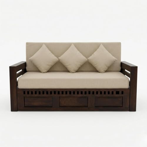 Image of SONA ART & CRAFTS Kuber Sheesham Wood Sofa Cum Bed with Bedside | 3 Seater with Storage and Side Pockets for Living Room Organizer Furniture Sofa Bed Home, Bedroom (Walnut Finish)