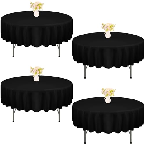 JALANCY 4 Pack Round Tablecloth 90 Inch Black Polyester Washable Fabric Table Covers for Wedding Dining Table Buffet Parties Banquet Decor