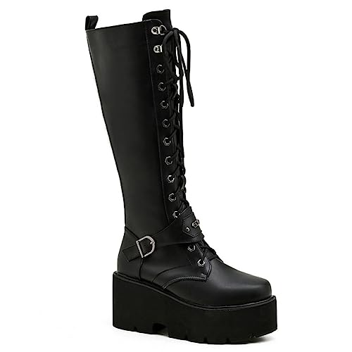 Image of Parisuit Women's Knee High Goth Platform Boots Lace Up Combat Boots