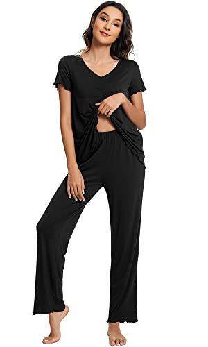 Wiwi Bamboo Pajama Sets For Women Soft Summer Pjs Loungewear Short Sleeve Top With Pants Sleepwear Pajamas S-Xxl, Black, Medium #TOP2