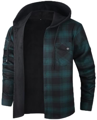 Iris Sprite Men's Plaid Shirt Padded Warm Lined Check Shirts Men Casual Plaid Shirts with Pocket Mens Hooded Check Jacket (Green 2, M)