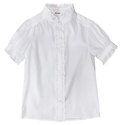 Solocote Girls White Blouse Ruffle Short Bubble Sleeve Button Down Shirts Princess Cotton Loose Soft Tops Summer, Sln2110-White-13-14Y #TOP2