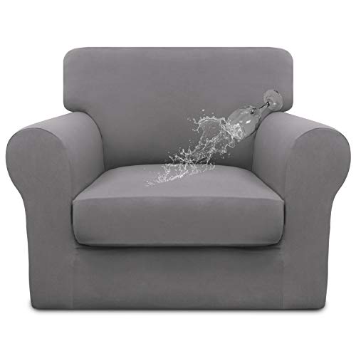 Image of Easy-Going Waterproof 2 Pieces Chair Cover Couch Covers for Sofa | Stretch Spandex Sofa Cover Protector Elastic Bottom for Cushion Couch Dog Pet Friendly Living Room Light Gray