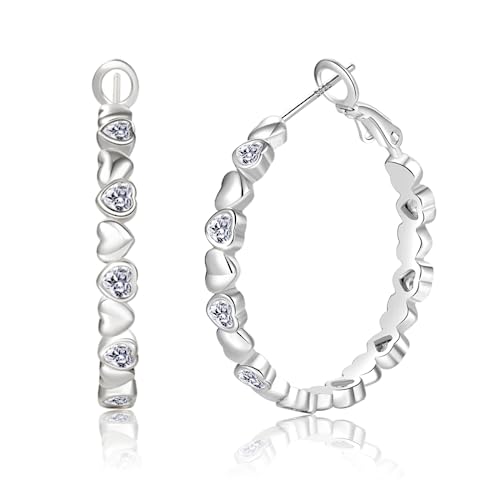 PABBEU S925 Sterling Silver Hoop Earrings for Women Cubic Zirconia Hypoallergenic Lightweight Dainty Heart Large Silver Hoop Earrings for Women 30/40mm